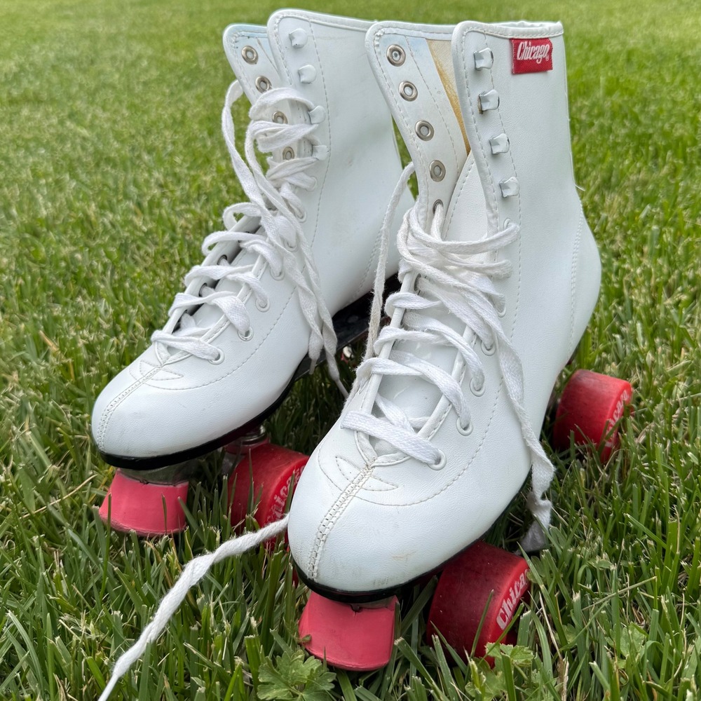 Vintage Chicago Roller Skates White High Top Quad Skates Red Wheels Pat 3180651